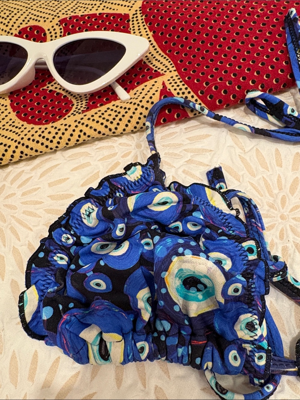 Brazilian Blue Evil Eye Patterned Side Tie String Bikini Set - Picture 5 of 7